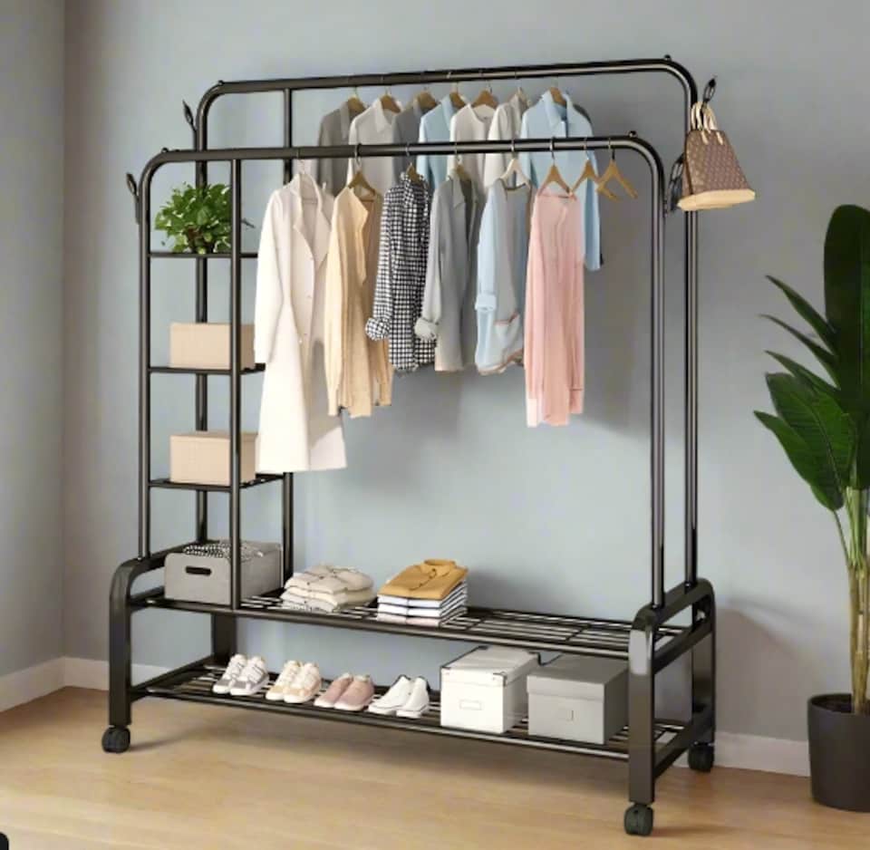 image 1 of Black Heavy Duty Double Clothes Rail with Wheels – Garment Hanging Rack & Storage Shelf
