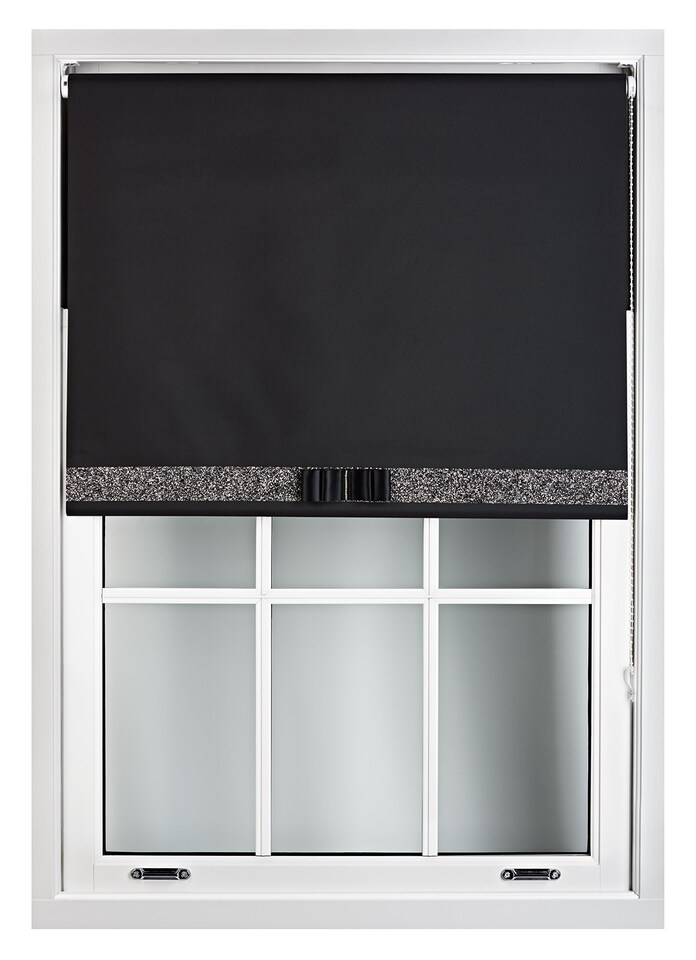 image 1 of FURNISHED Blackout Roller Blind with Black Glitter Trim and Black Bow Trimmable Window Shade | Black | Black | (W) 205cm x (L) 210cm