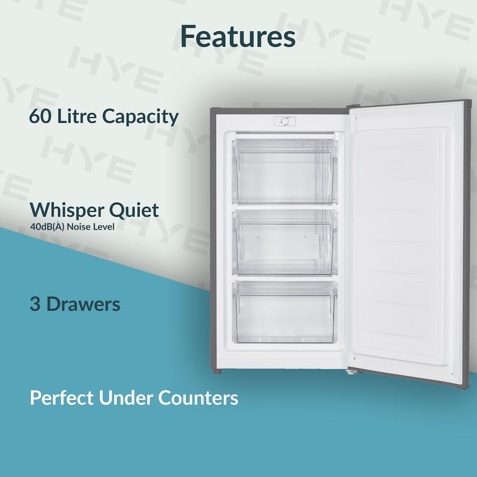 image 1 of HYE Under Counter Freezer 60 Litre Freestanding 48cm Reversible Door - Silver - RF01UCFR60S01