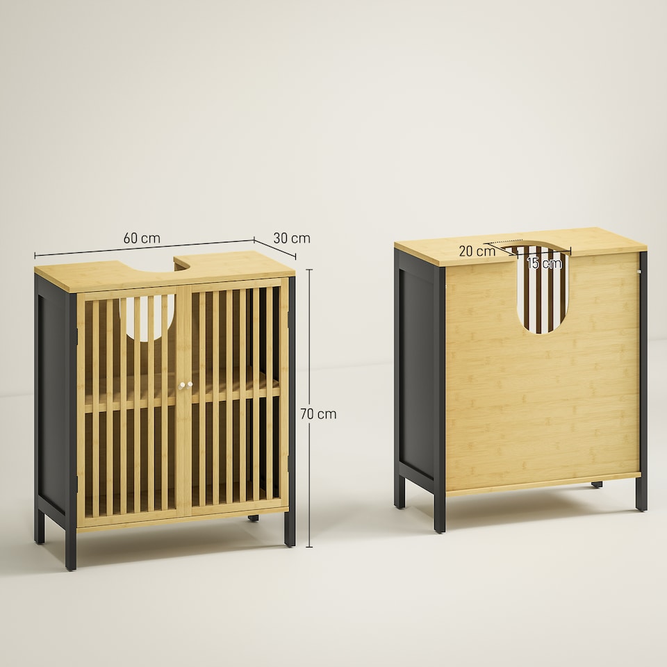 image 1 of HOMCOM Under Sink Bathroom Cabinet, Bamboo Sink Storage Cabinet, Bathroom Vanity Unit with 2 Slat Doors, Adjustable Shelf and U-Shape Slot for Pipe Fit, Natural and Black | Brown | Natural wood finish