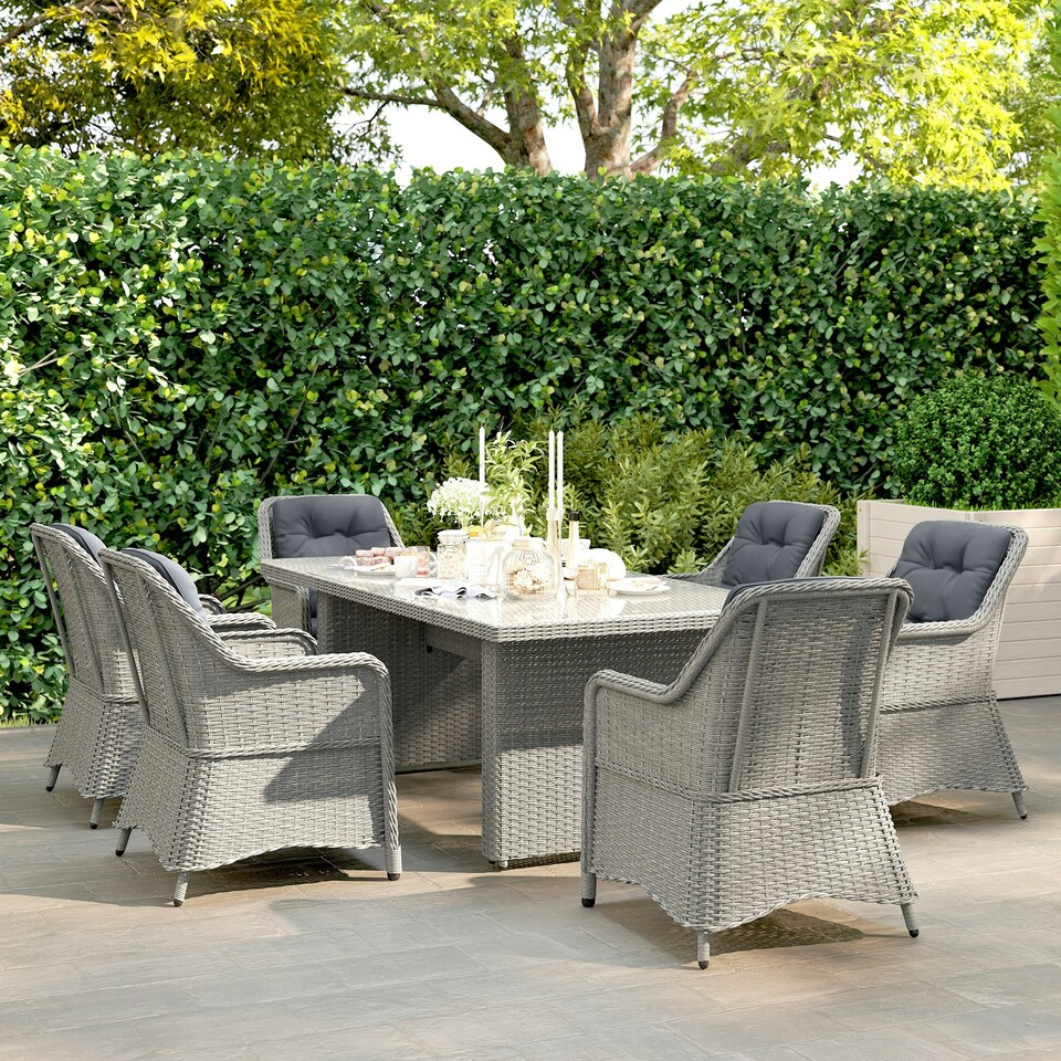 image 1 of Outsunny 6 Seater Rattan Dining Set with Glass Top Table and Cushions, Grey