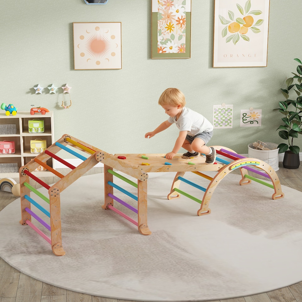 image 1 of AIYAPLAY 9 in 1 Climbing Frame with Ramp, Slide, Arch, Ladder, Blackboard