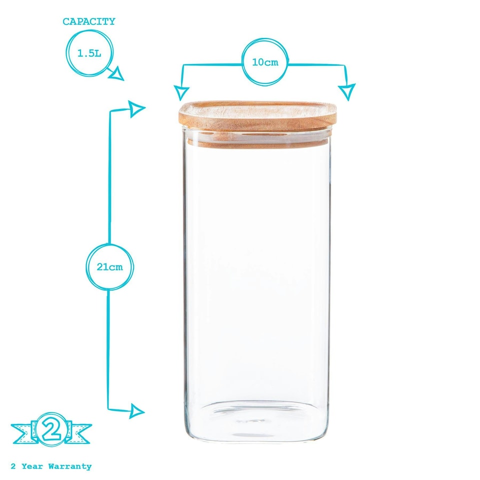 image 1 of Argon Tableware Square Glass Storage Jars with Wooden Lids - 1.5 Litre - Pack of 3