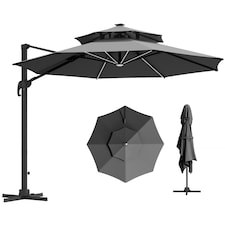 Outsunny 3 m Cantilever Roma Parasol with LED Solar Lights, Crank and Tilt, Aluminium Frame, Cross Base and Adjustable Canopy 360 Rotating Sun Umbrella with 2Tier Shade, Grey