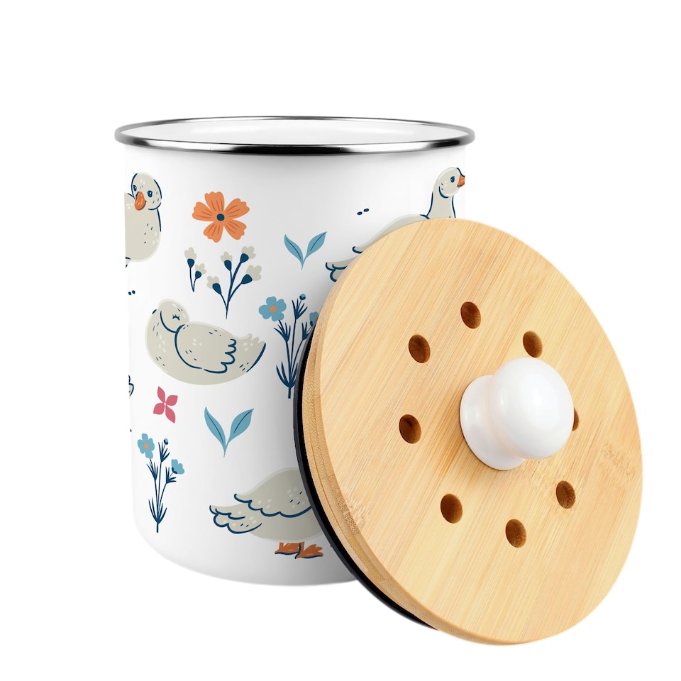 image 1 of Ducks & Flowers Food Waste Caddy - Metal 2L Decorative Kitchen Compost Bin