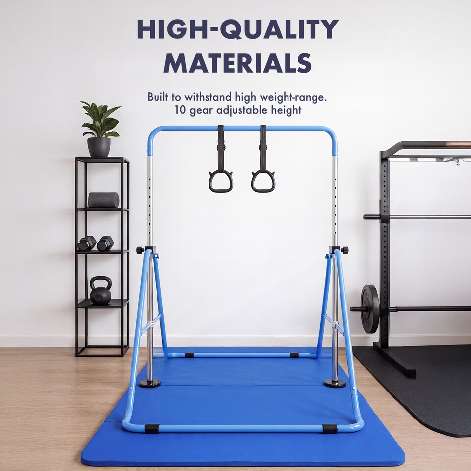 image 1 of Kayman Gymnastics Bar and Floor Mat Set for Kids with Training Rings