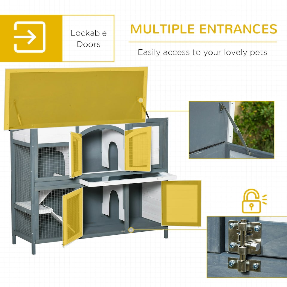 image 1 of PawHut Rabbit Hutch, Guinea Pig Hutch 2-Tier Wooden Cage w/ Ramp Roof, Grey