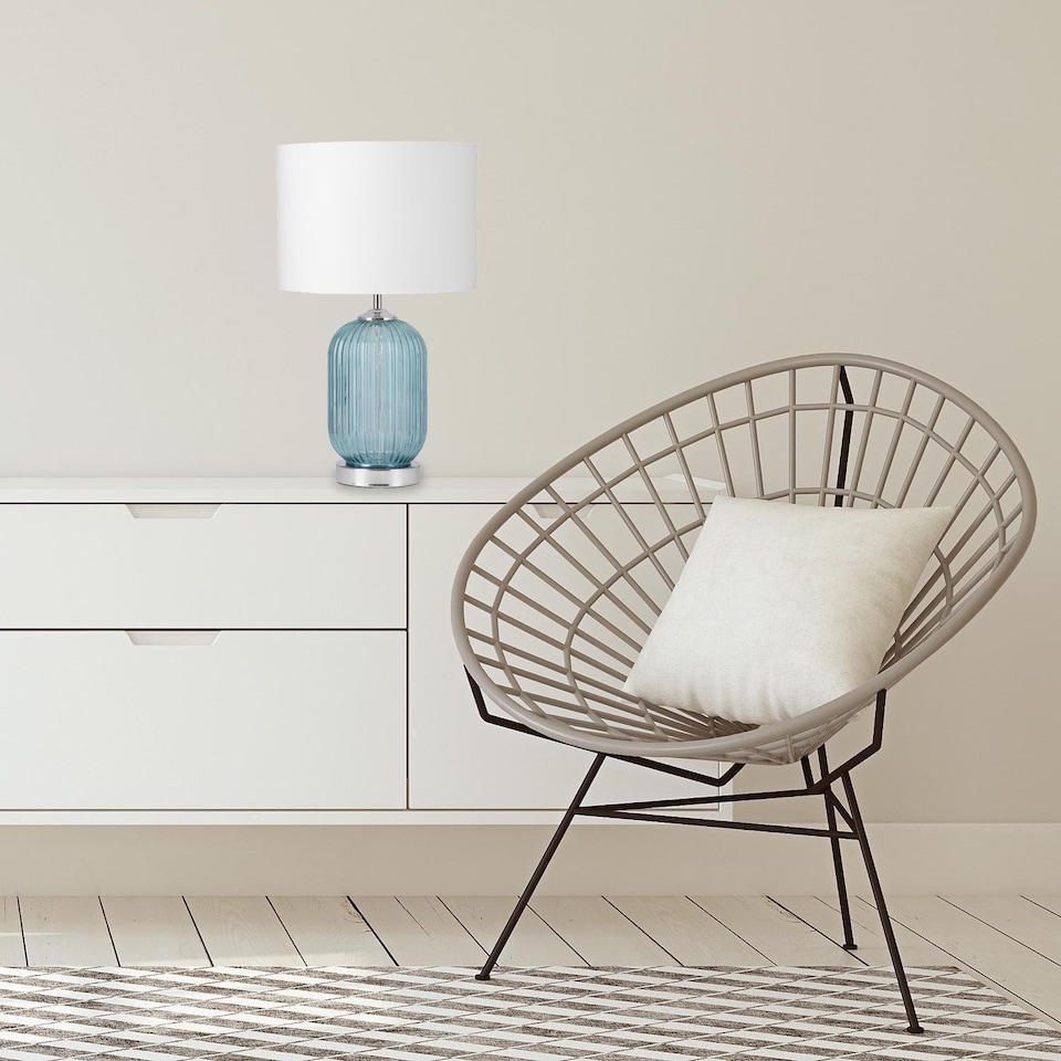 image 1 of Set of 2 Turquoise Ribbed Glass Lamps with White Shades | Chrome | White | Large | 2