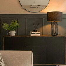 ValueLights Hollins Painted Black Table Lamp with Medium Natural Drum Shade and LED Bulb