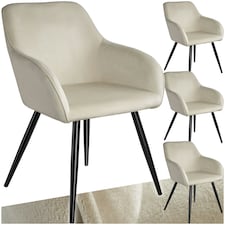 Dining Chair Marilyn - with armrests, padded, velvet look, black steel legs - Set of 4 Cream | Cream/Black