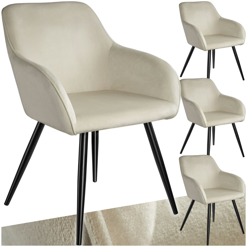 image 1 of Dining Chair Marilyn - with armrests, padded, velvet look, black steel legs - Set of 4 Cream | Cream/Black