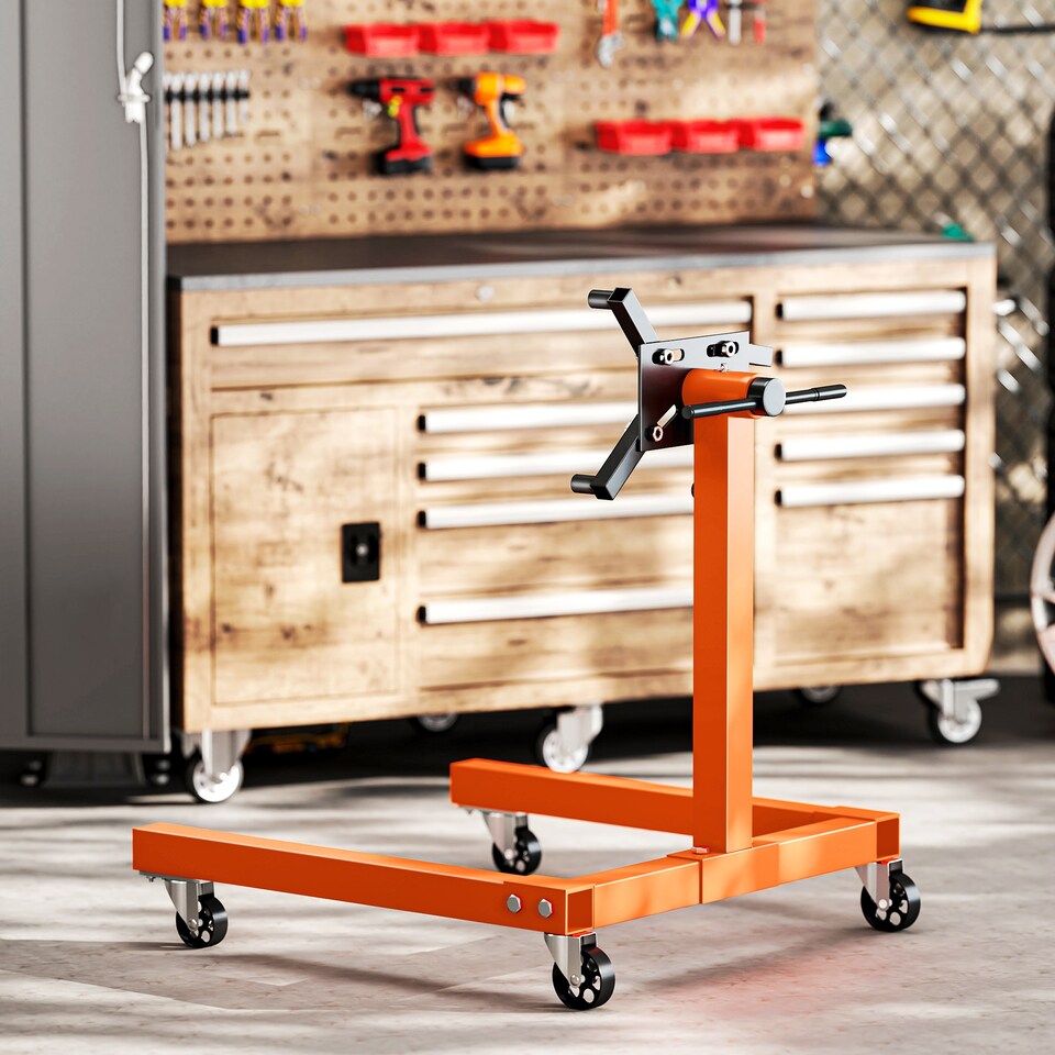 image 1 of HOMCOM Engine Stand, 570 kg Rotating Engine Stand with 360 Degree Adjustable Head, 4 Mounting Arms, Heavy Duty Steel Support, Universal Wheels for Garage Workshop Auto Repair, Orange