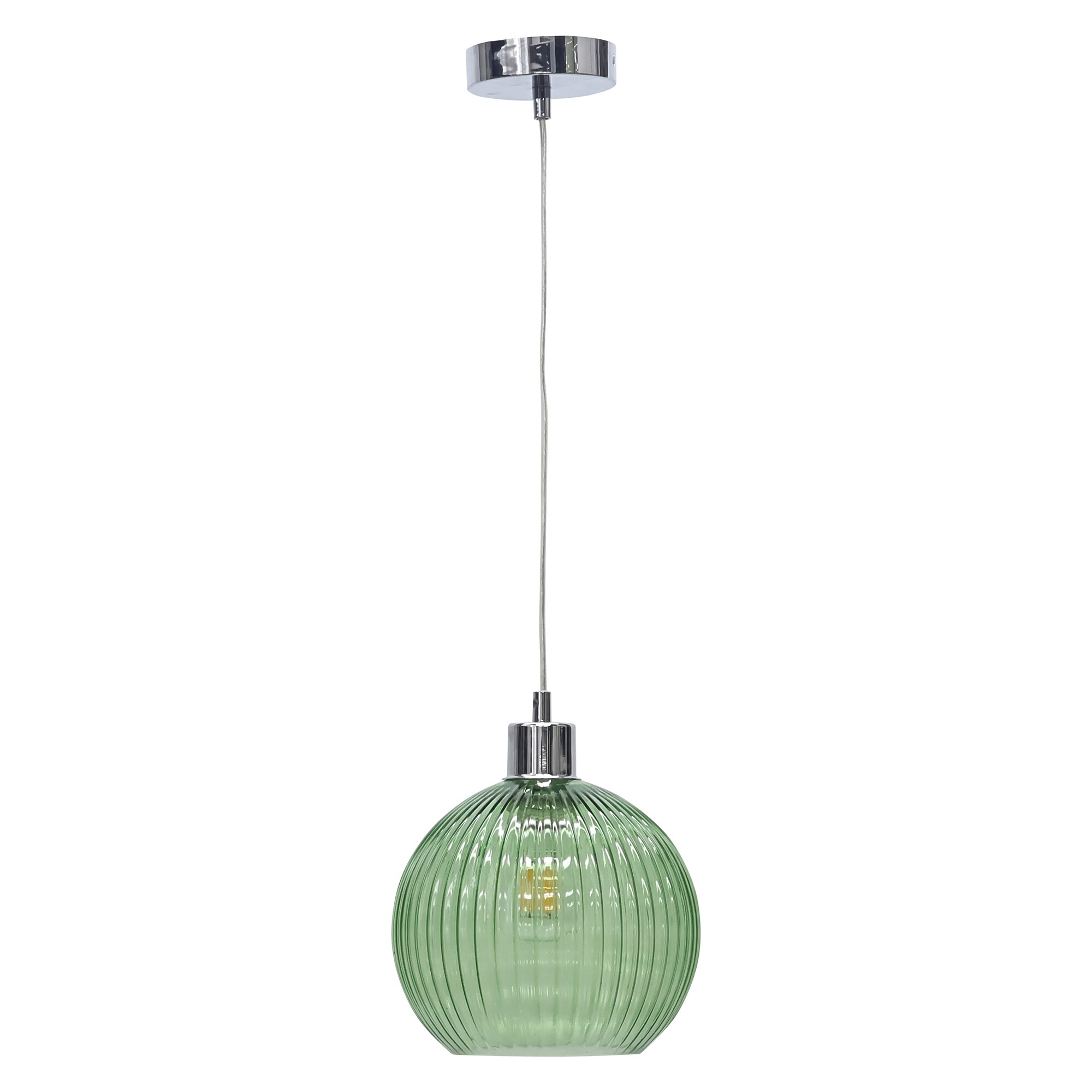 First Choice Lighting Betchley - Green Ribbed Glass Globe with Chrome Pendant Fitting