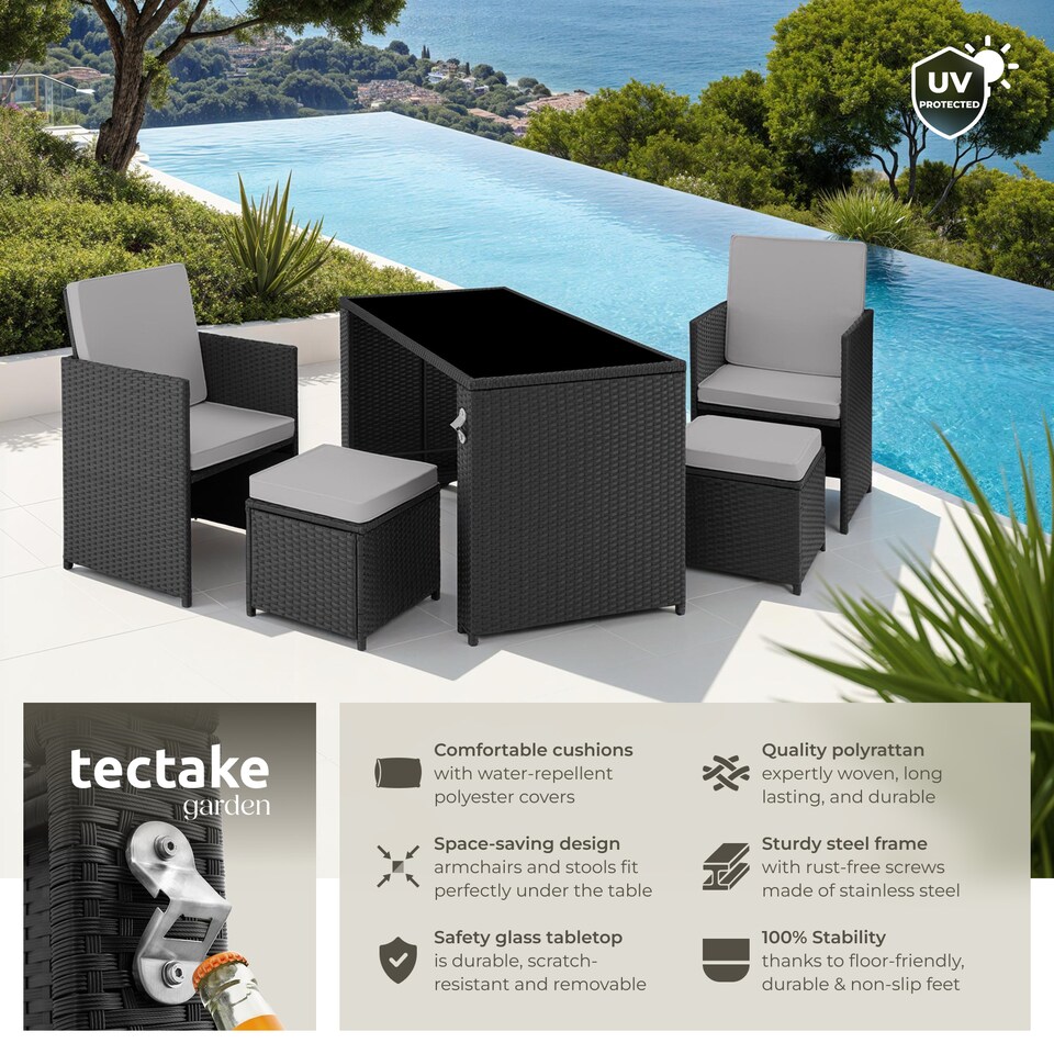 image 1 of Garden Table and Chairs Palermo - up to 4 people, chairs, stools and table, weather and UV-resistant | Black | black/grey | 202 x 130,50 x 92,50 cm | 1