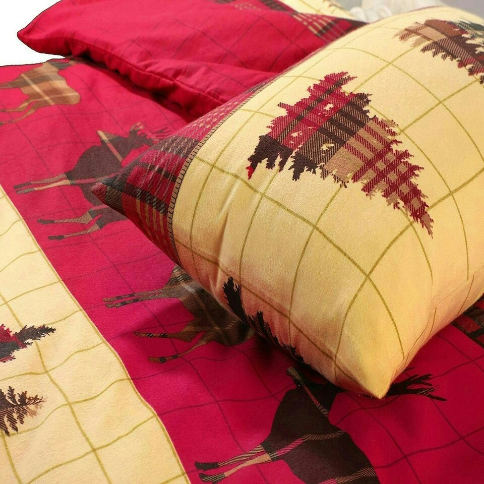 image 1 of Brushed Cotton Tartan Stag Duvet Cover Set - Super King - Red | Red | Super King