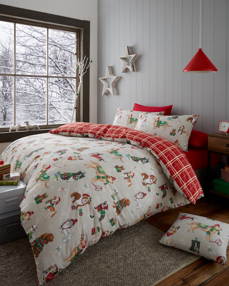 image 1 of Christmas Dogs Reversible Duvet Cover Bedding Set With Pillow Cases | Brown | Super King
