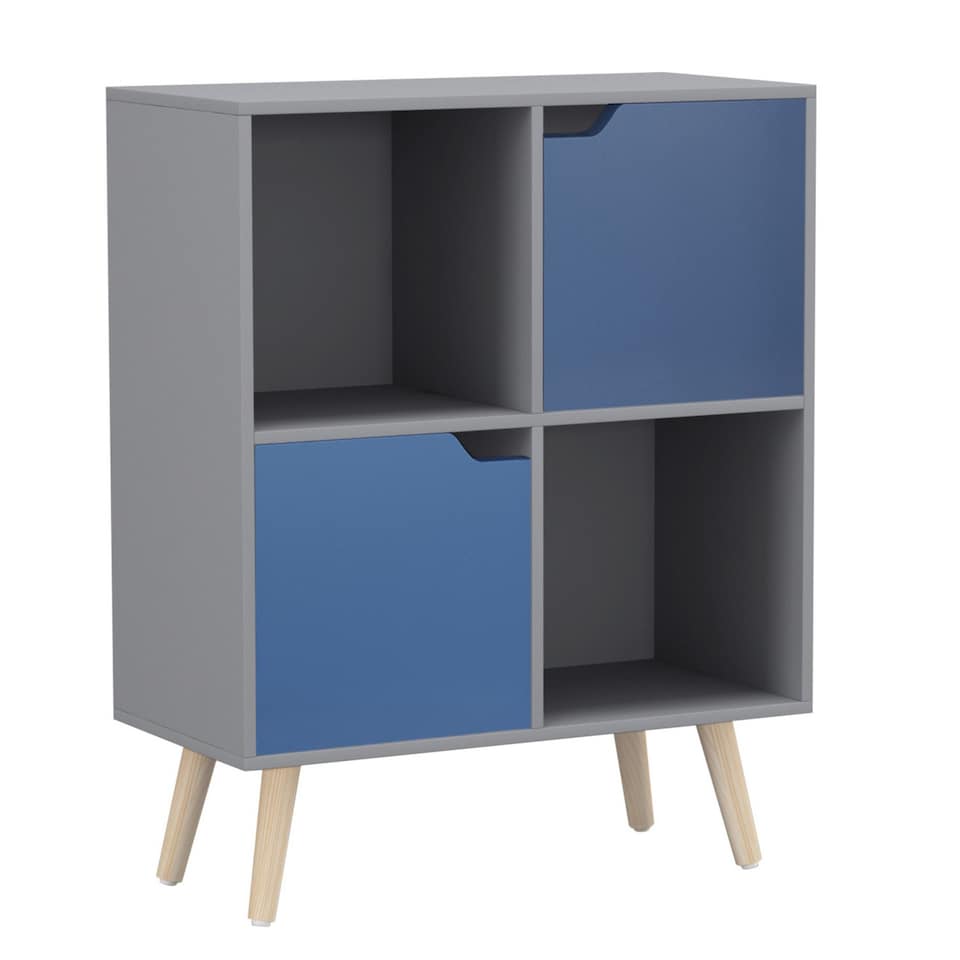 image 1 of Grey 4-Cube Storage Unit with 2 Wooden Doors and Legs | Blue | Blue & Pine | 1