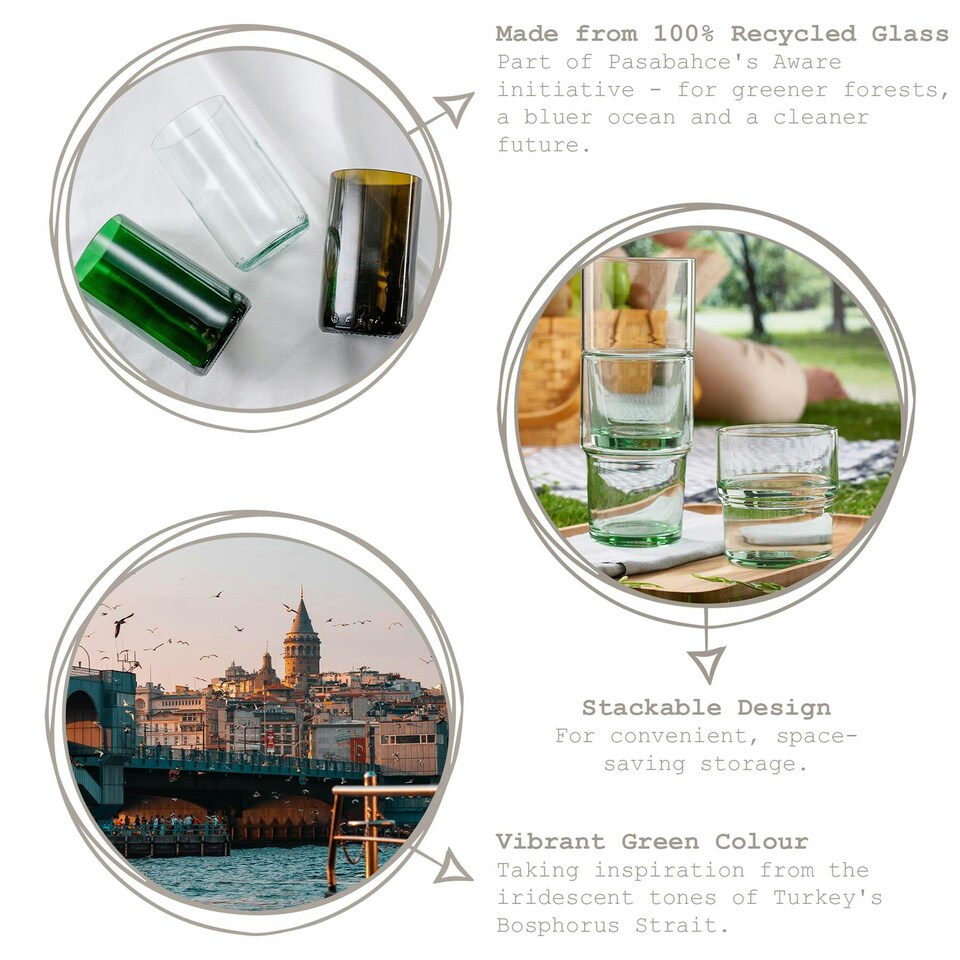 image 1 of Pasabahce Aware Hill Recycled Stacking Highball Glasses - 440ml - Green - Pack of 12