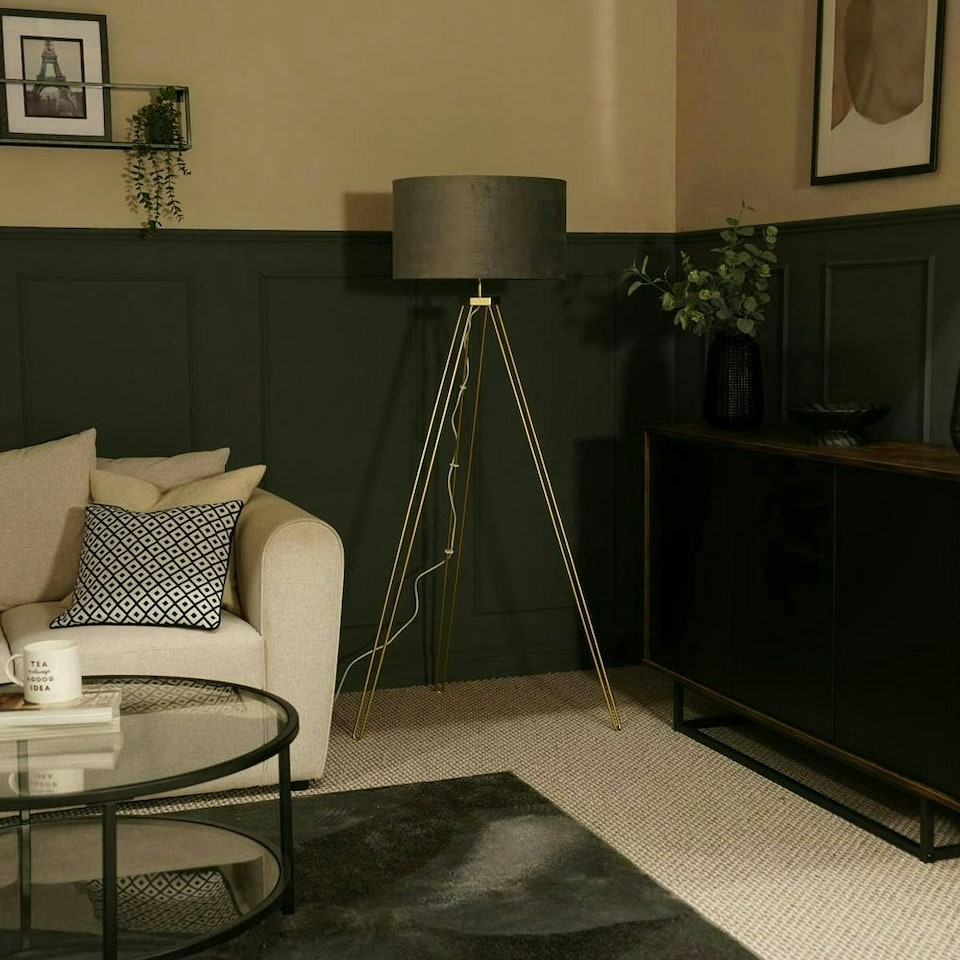 image 1 of ValueLights Aero Polished Gold Floor Lamp with Large Grey Drum Shade and LED Bulb | Grey