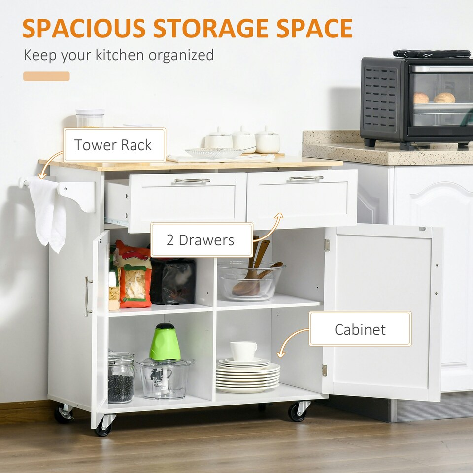 image 1 of HOMCOM Modern Rolling Kitchen Island w/ Adjustable Shelves, White