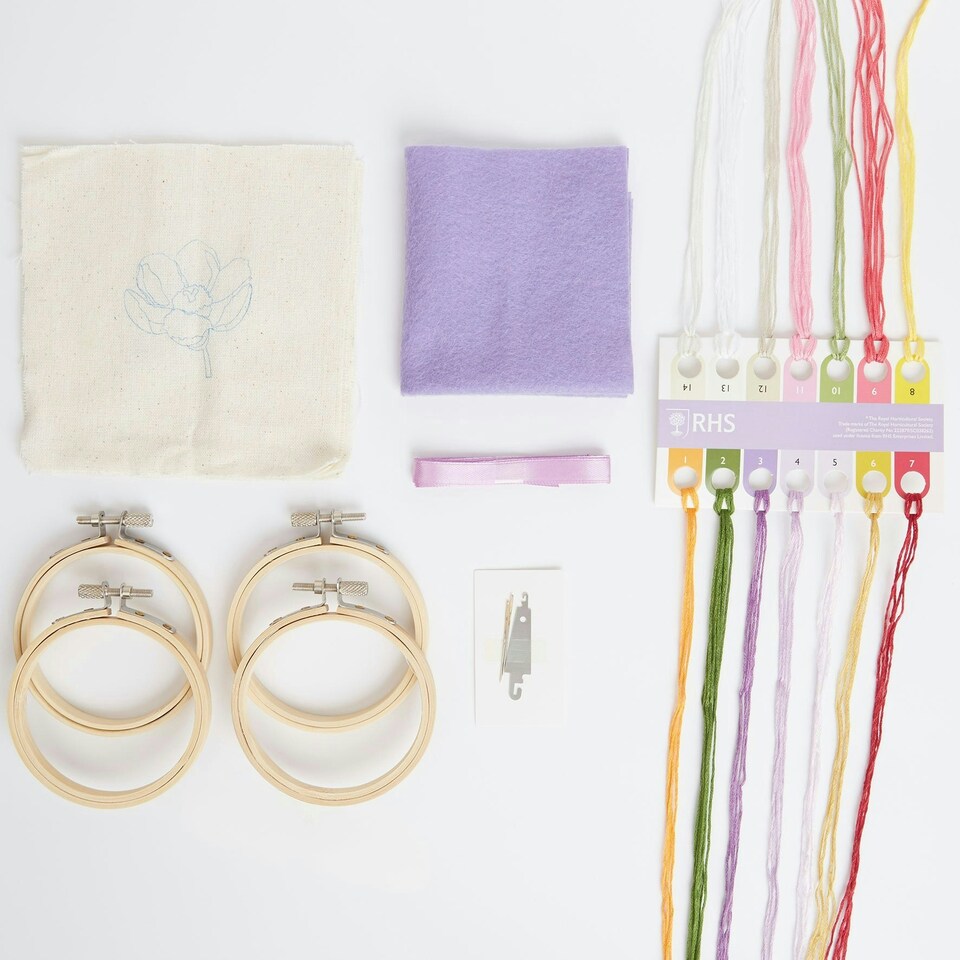 image 1 of RHS Embroidery Hoop Decoration Kit, Pastel Florals, Multicoloured, 9cm