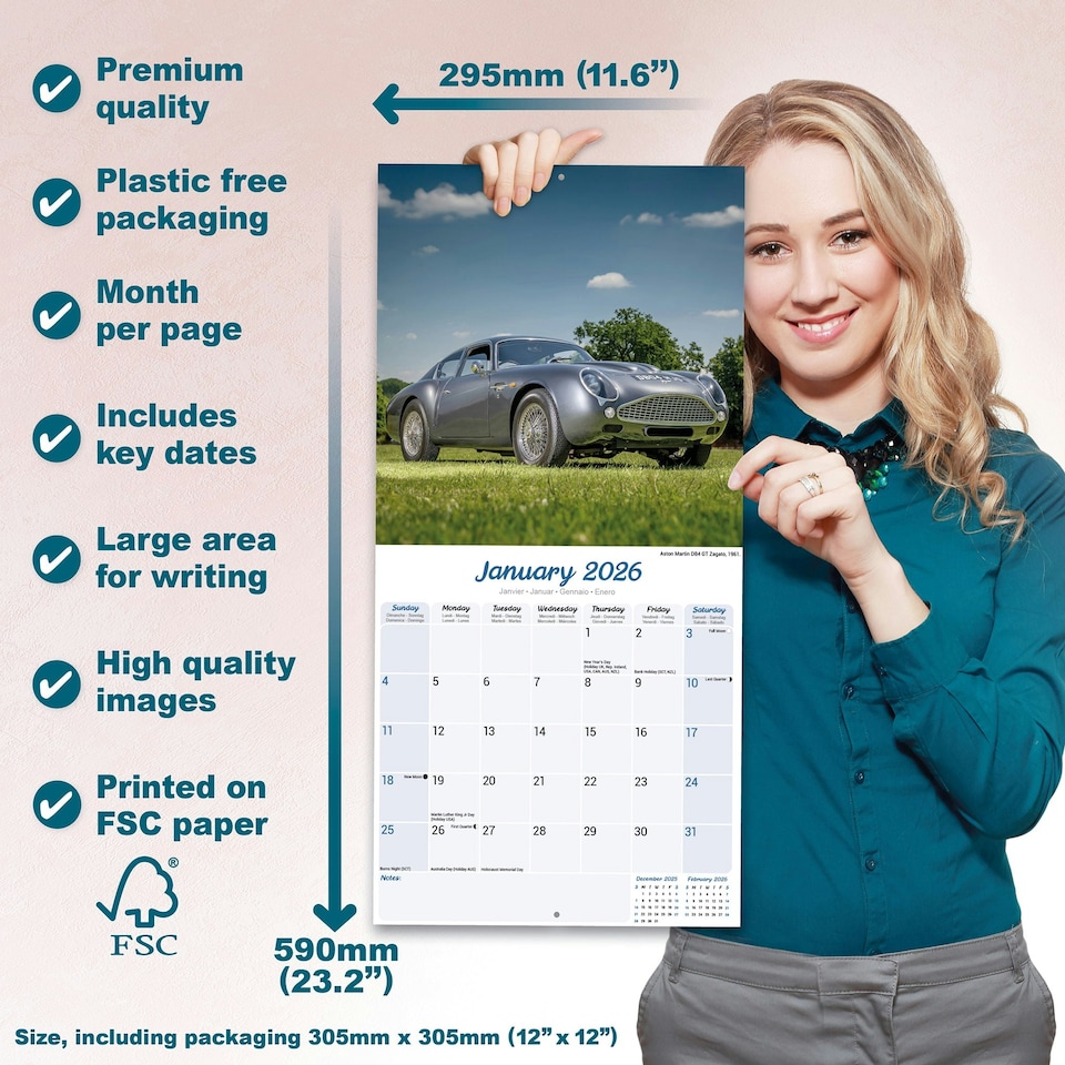 image 1 of Classic Sports Cars 2026 Calendar | Square Wall Calendar | Car Enthusiast Gift | Plastic Free Packaging | by Avonside Publishing