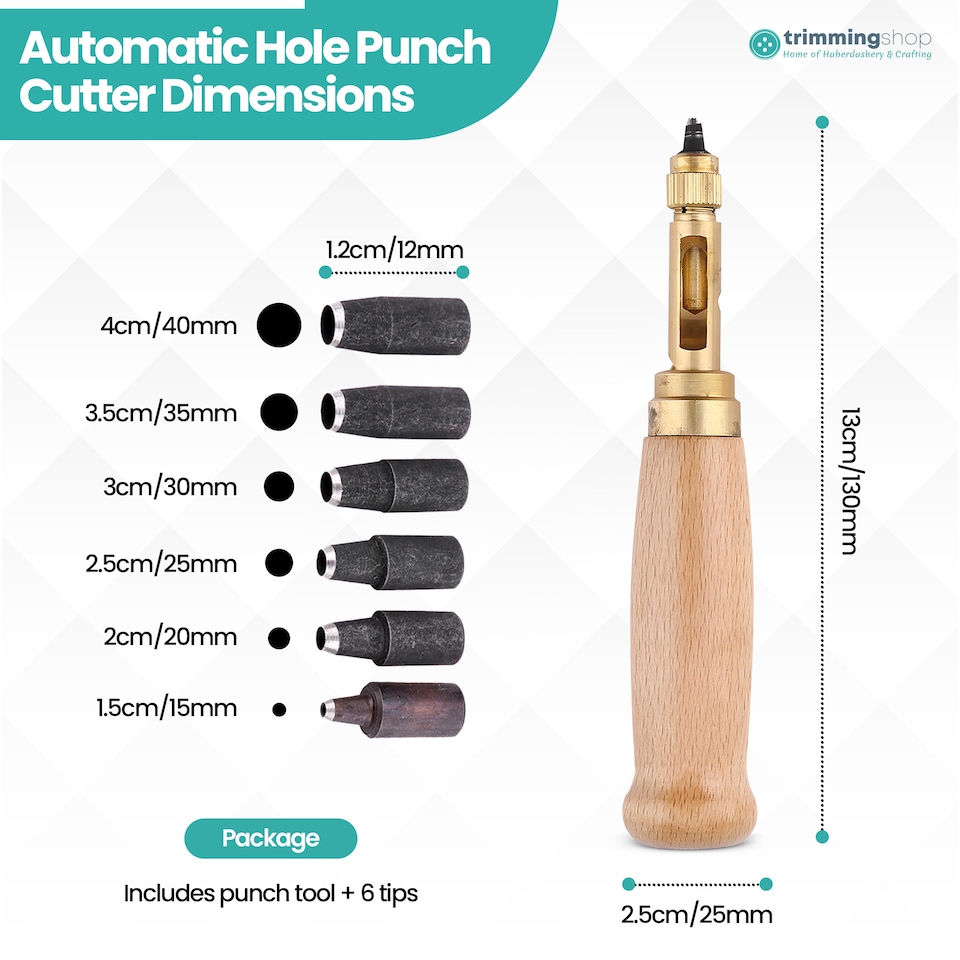image 1 of 1.5-4mm Automatic Hole Punch Cutter Tool with 6 Tips Brass Wood Handle