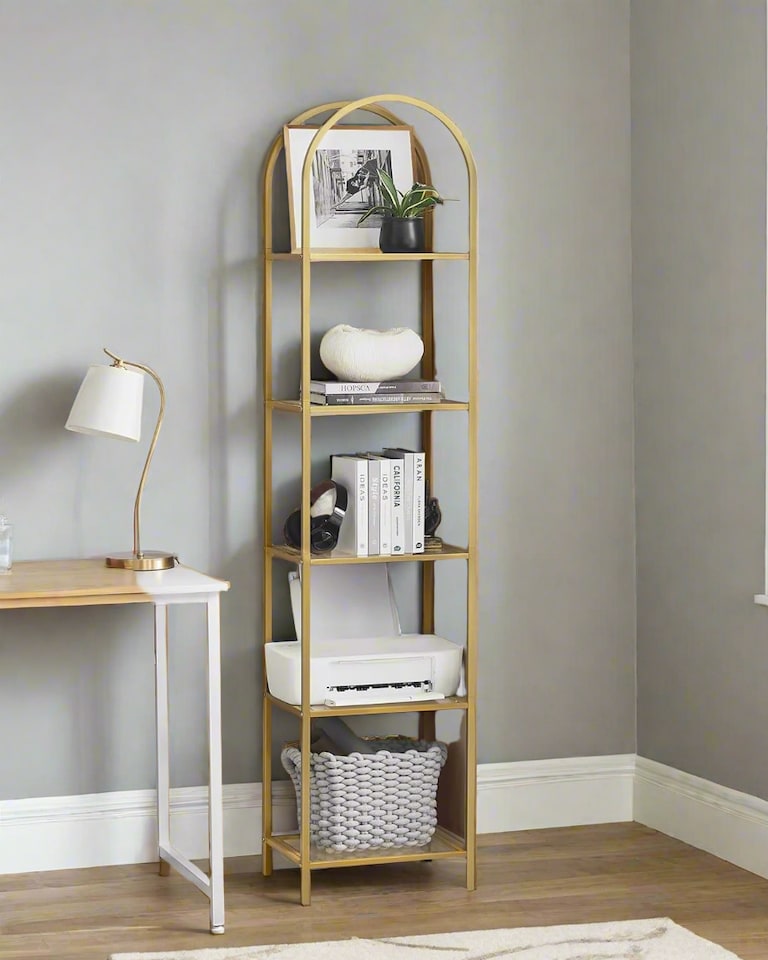 image 1 of 5-Tier Tempered Glass Shelf Unit, Arched Display Rack, Metallic Gold Frame 183.5 cm