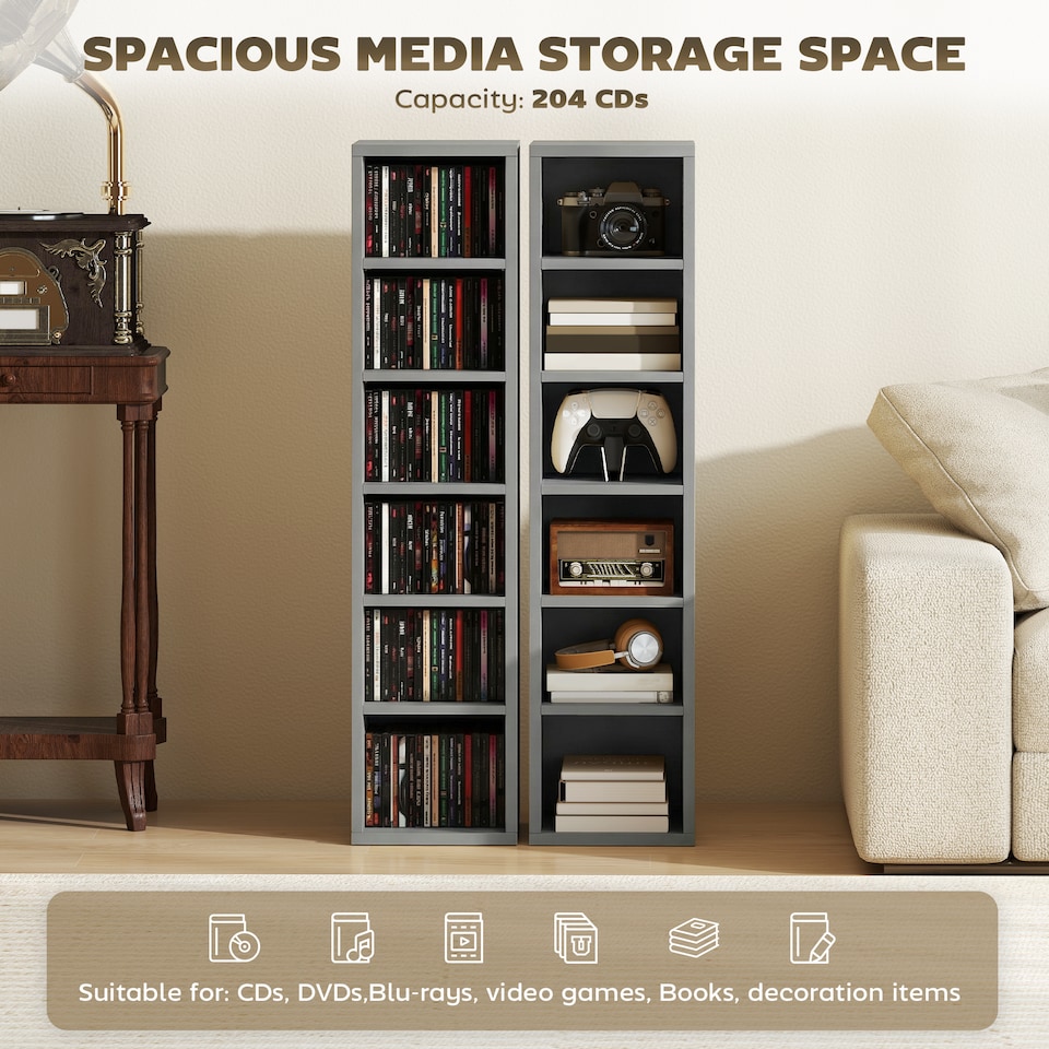 image 1 of HOMCOM Set of 2 CD Storage Units DVD Shelf with Adjustable Shelves | Grey | Light Grey | 21W x 22.5D x 88.5H cm