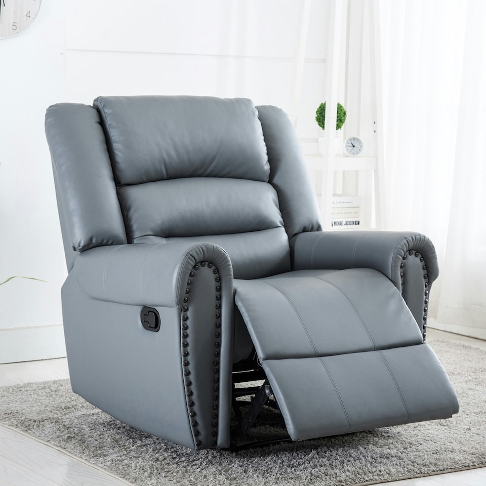 image 1 of Denver Bonded Leather Manual Recliner Stud Sofa Home Lounge Chair (Grey)