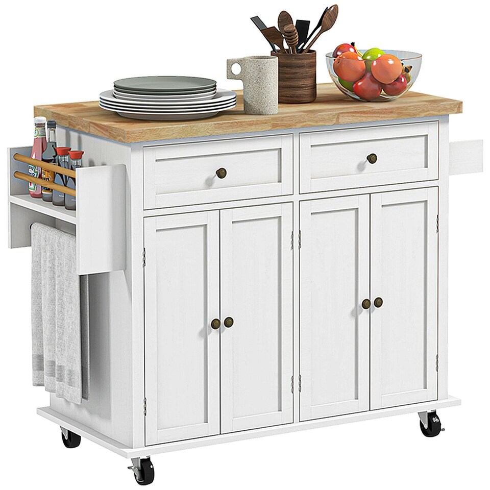 image 1 of HOMCOM Rolling Kitchen Island Cart with Rubber Wood Top, White
