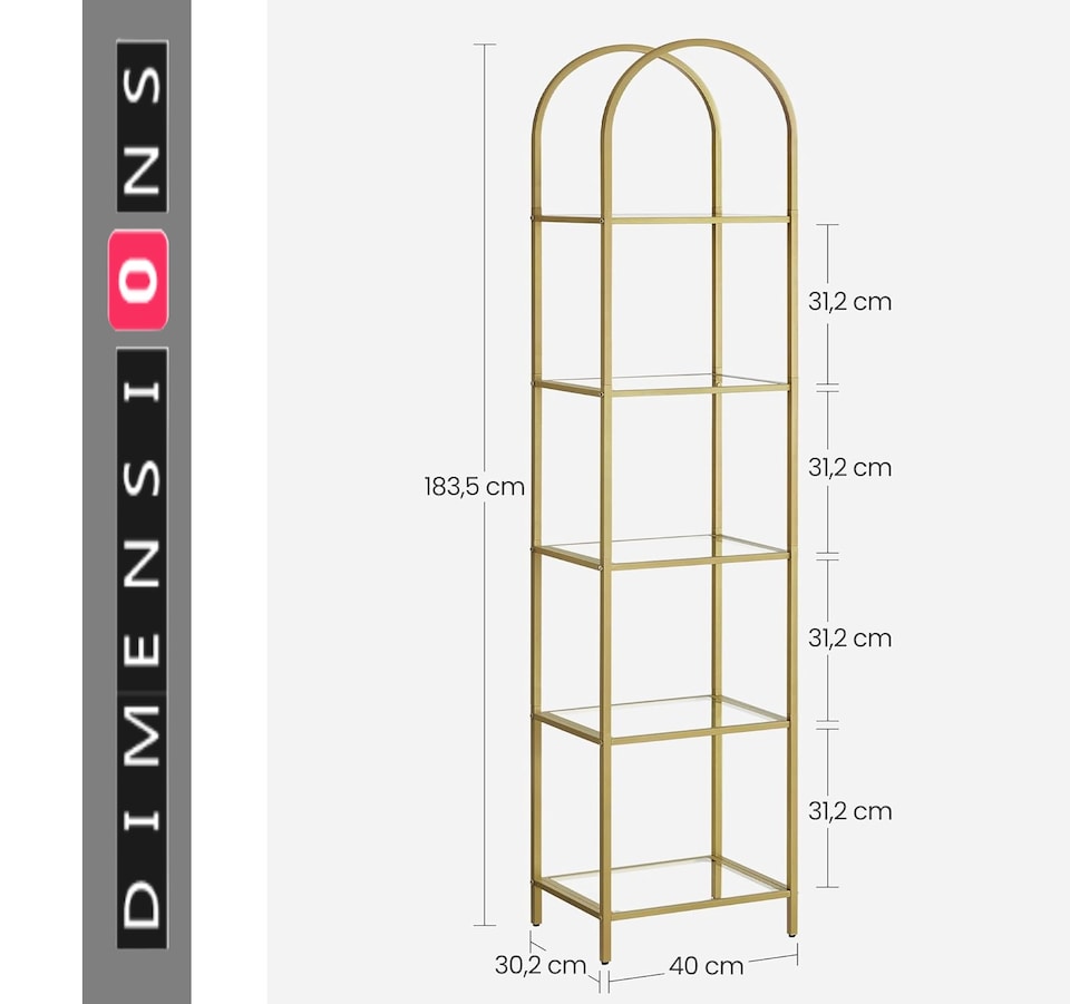image 1 of 5-Tier Tempered Glass Shelf Unit, Arched Display Rack, Metallic Gold Frame 183.5 cm