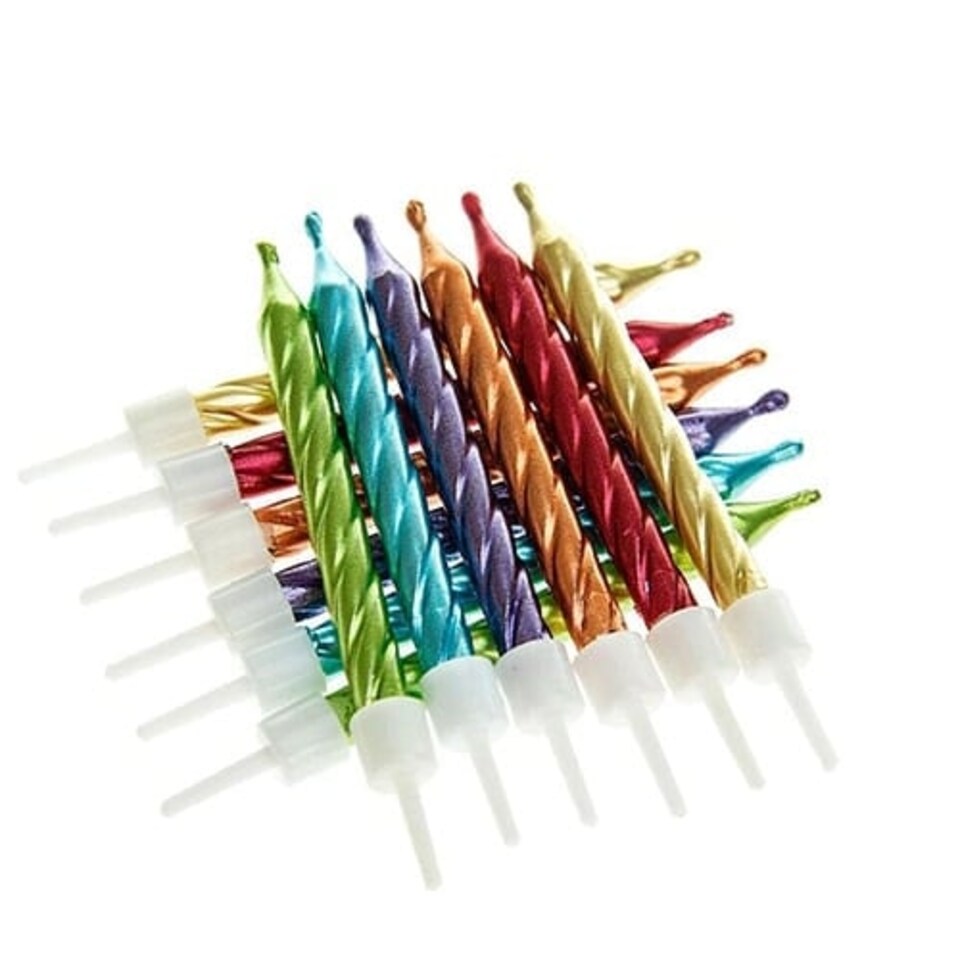 Metallic Rainbow Candles With Holders - Pack of 12