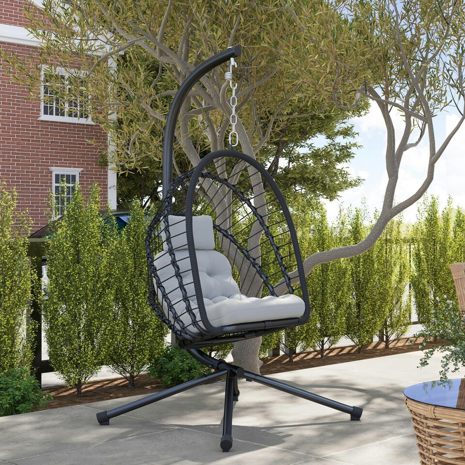 image 1 of Outsunny PE Hanging Swing Chair w/ Thick Cushion, Patio Hanging Chair Black