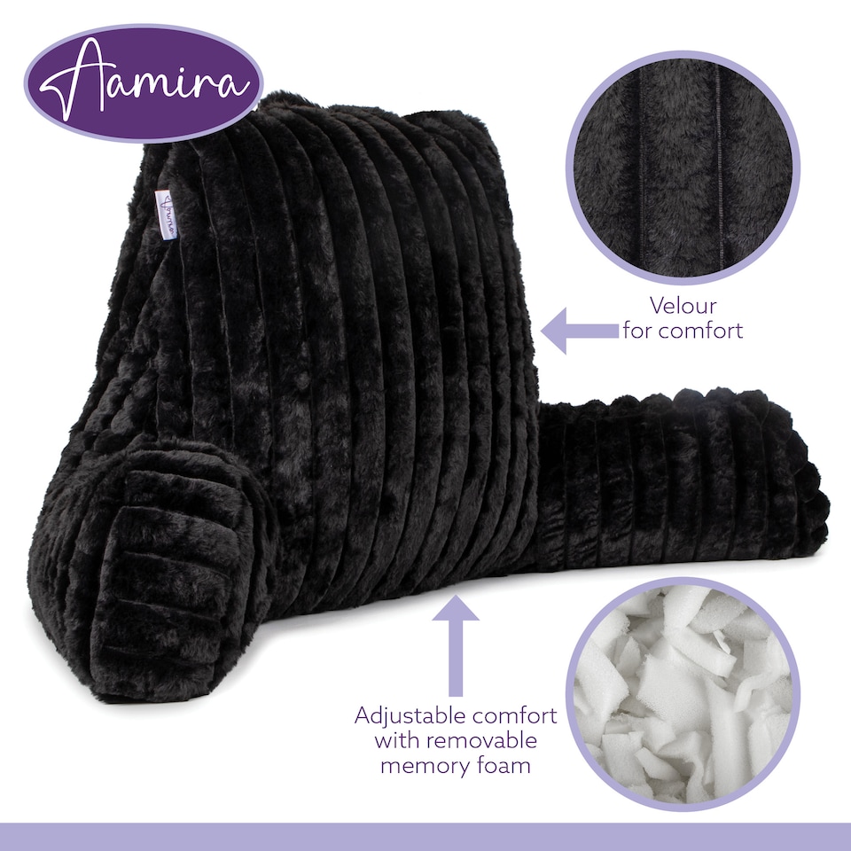 image 1 of Aamira Reading Pillow Black Faux Fur Ribbed Memory Foam Support Cushion | Black | Black | Standard | 1