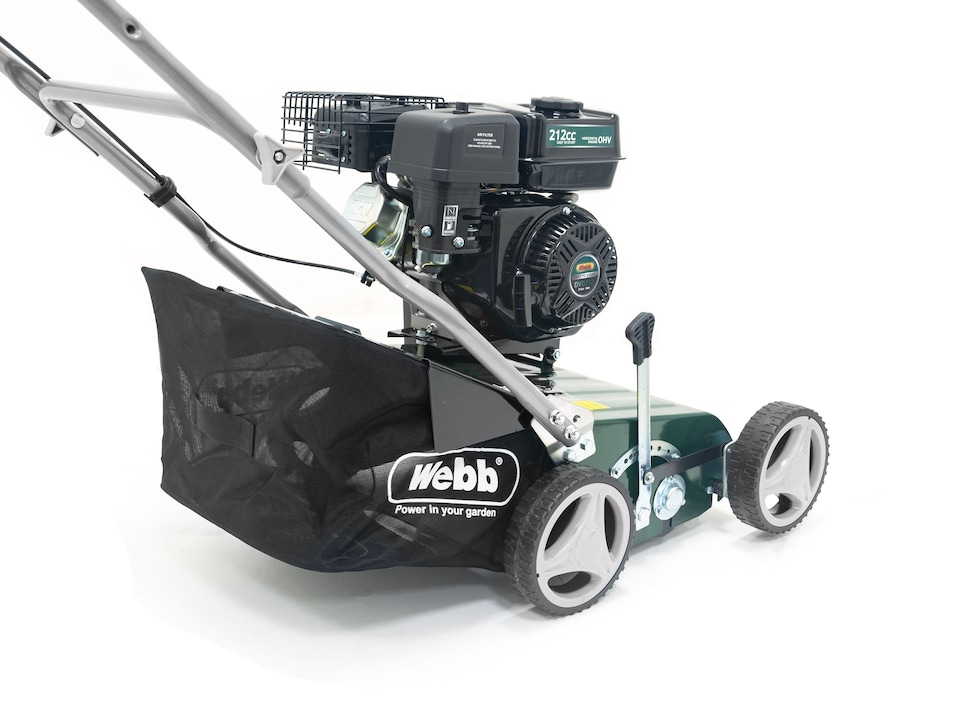 image 1 of Webb WEPS400 4 Wheel Petrol Lawn Scarifier & Raker with 40cm Working Width, 8 Depths and 45L Collection Bag - 3 Year Guarantee