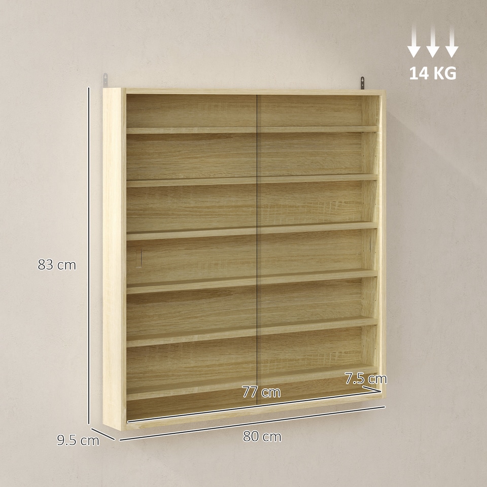 image 1 of HOMCOM 7-Tier Wall Display Cabinet w/ Shelves Glass Doors, Oak