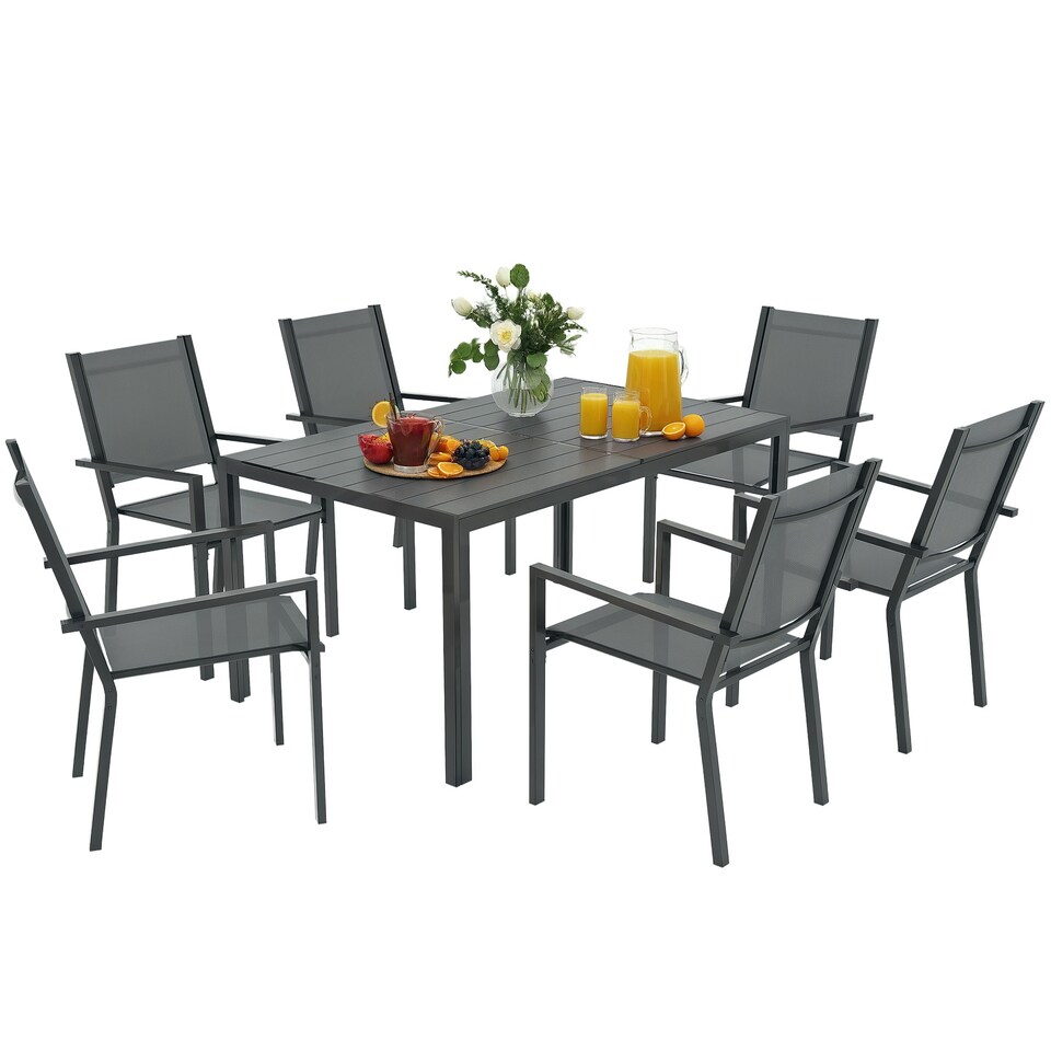 image 1 of Outsunny 7 Piece Garden Dining Set, Outdoor Furniture w/ 6 Stackable Chairs