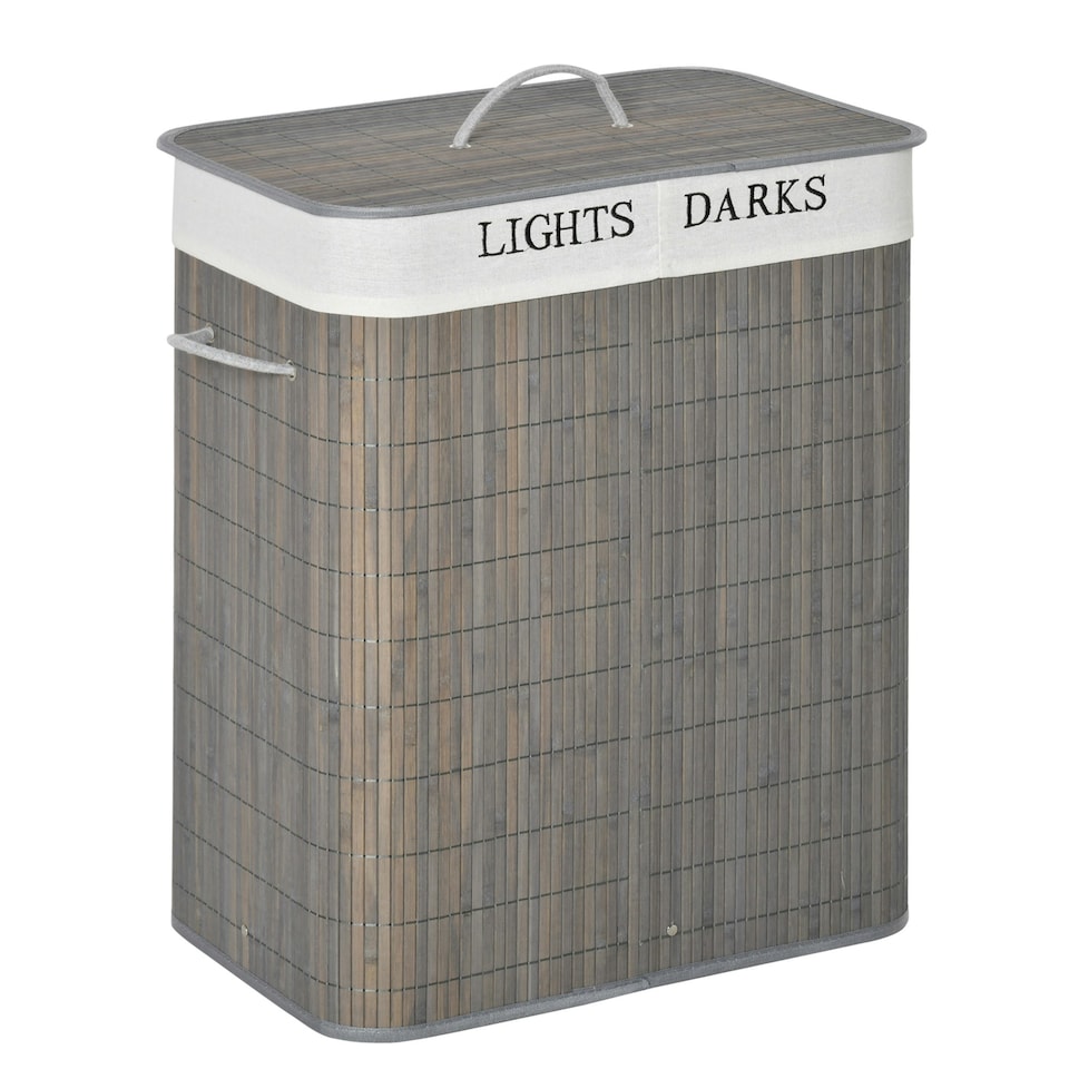 image 1 of HOMCOM 2 Section Collapsible Laundry Hamper Lid Removable Lining, Grey