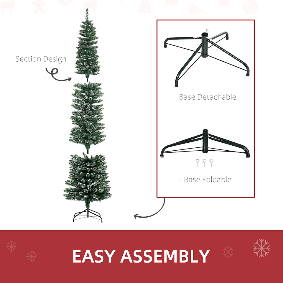 image 1 of HOMCOM 7.5FT Artificial Snow Dipped Christmas Tree mas Pencil Tree Holiday Home Indoor Decoration with Foldable Black Stand, Green