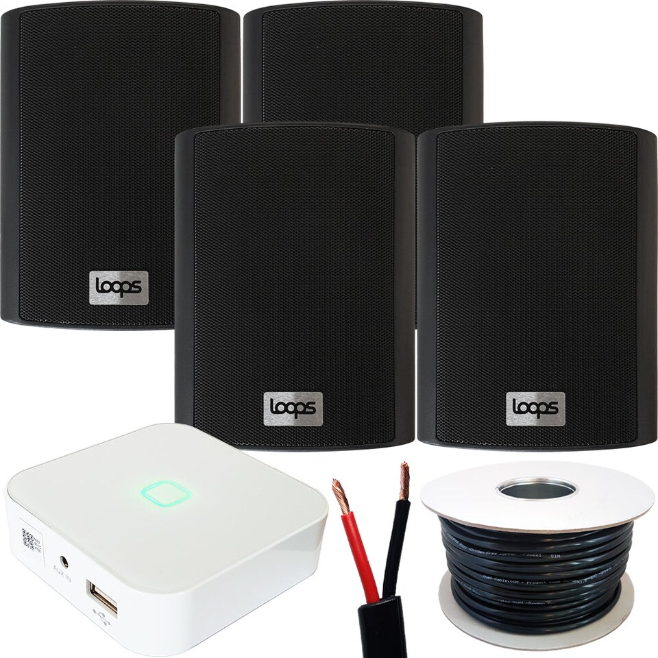 image 1 of 80W Mini WiFi Stereo Amplifier & 4x 70W 4" Black Outdoor Wall Speaker System