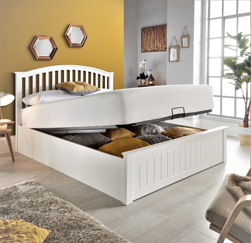 image 1 of 5ft King Size White,curved,wood wooden ottoman gas lift up storage bed frame.