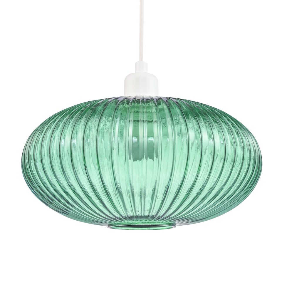 image 1 of Modern Designer Emerald Forest Green Line Ribbed Glass Oval Pendant Lamp Shade | Green