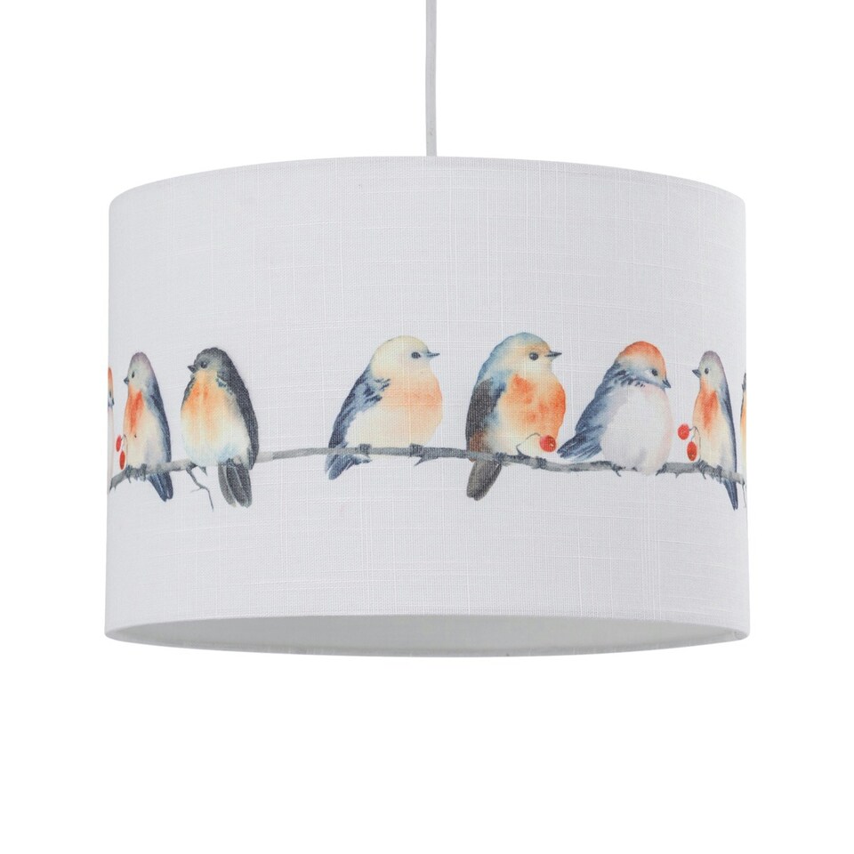 image 1 of First Choice Lighting Set of 2 Branch Bird Print Linen Easy Fit 30cm Pendant Shades Multi