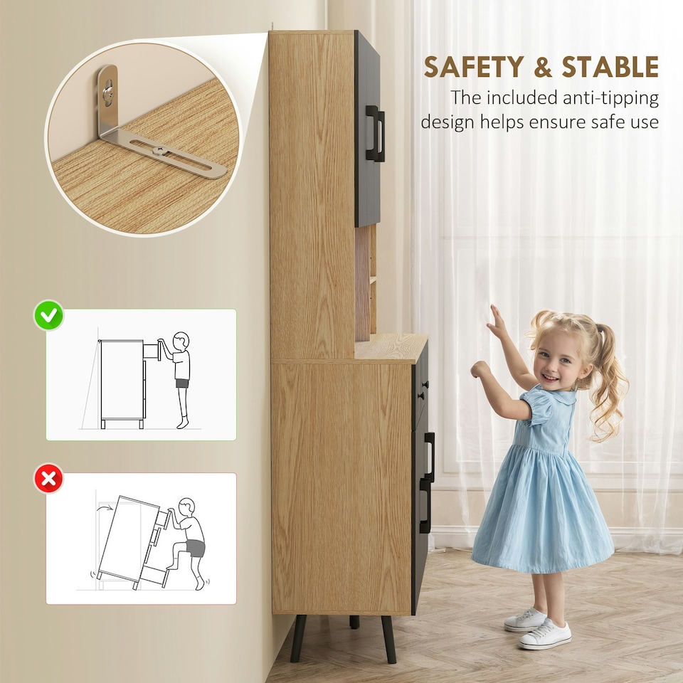 image 1 of HOMCOM Tall Kitchen Cupboard with LED Lights and Adjustable Shelves, Oak | Black | Oak | 100W x 40D x 176H cm