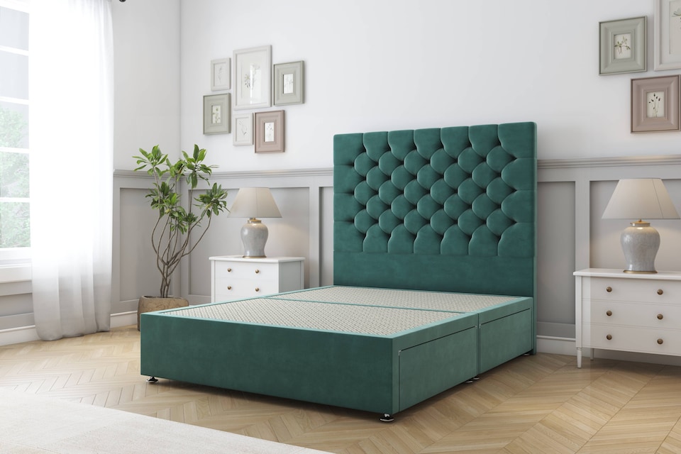 image 1 of Sloomy Mayfair Emerald Plush Divan Bed Base 4 Drawers With 26 Inch Strutted Headboard | Green | Emerald | Super King | 1