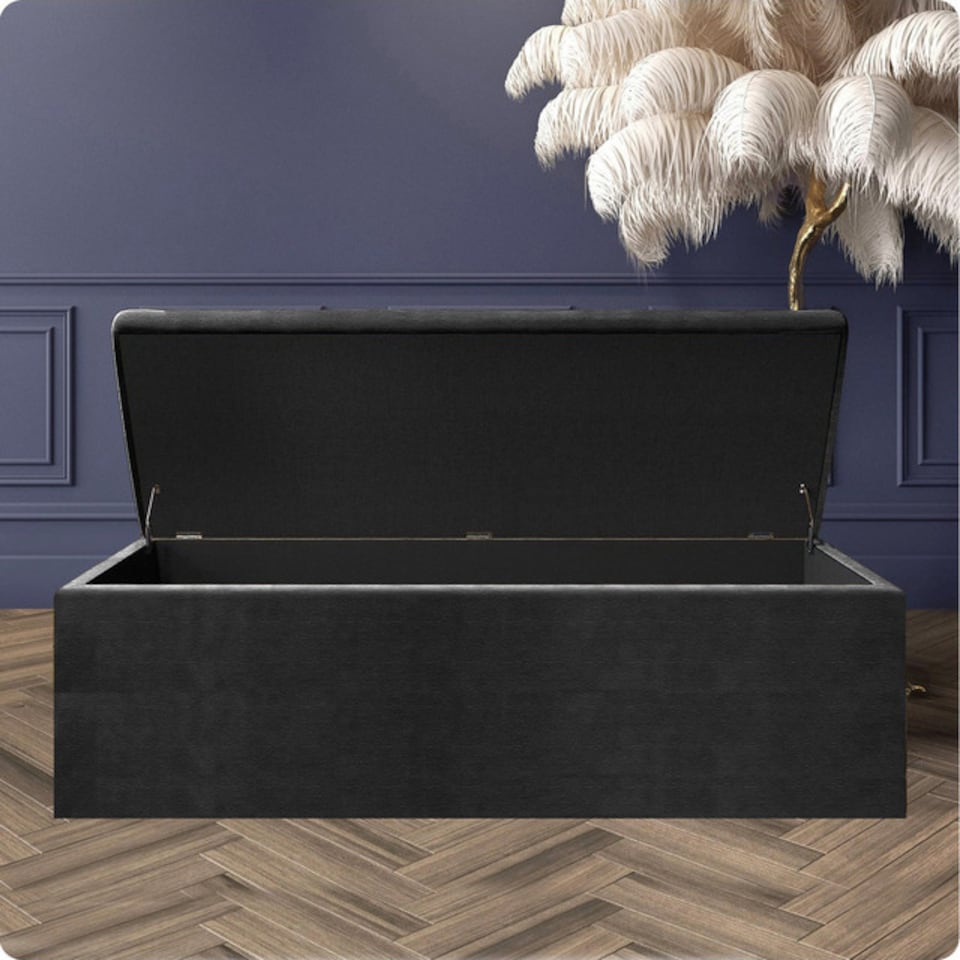 image 1 of 90cm Large Plain Safar Storage Ottoman Box, Black Naples Upholstered Deep Storage Ottoman End of Bed Bench