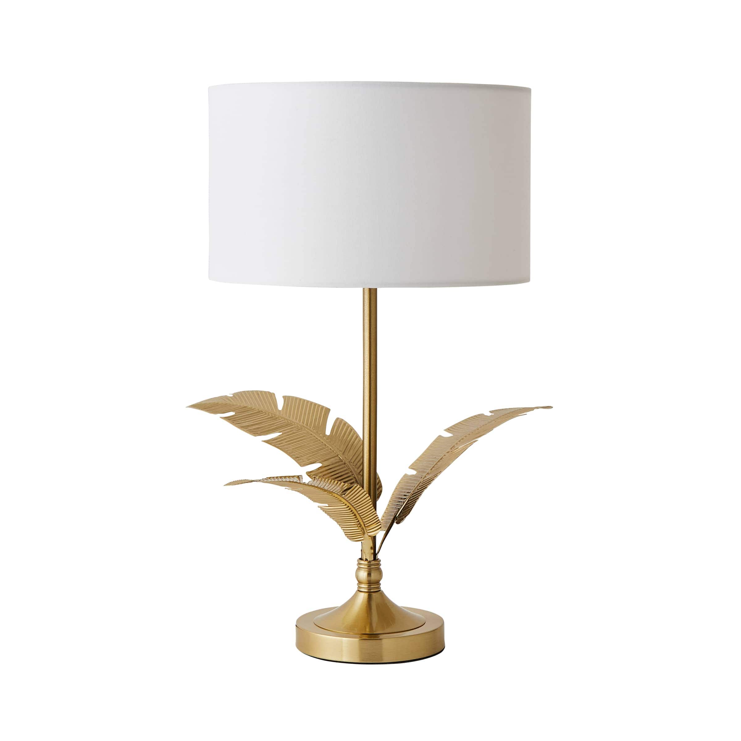 ValueLights Christina Fabric Drum Shade Gold Palm Leaf Table Lamp with LED Bulb in White