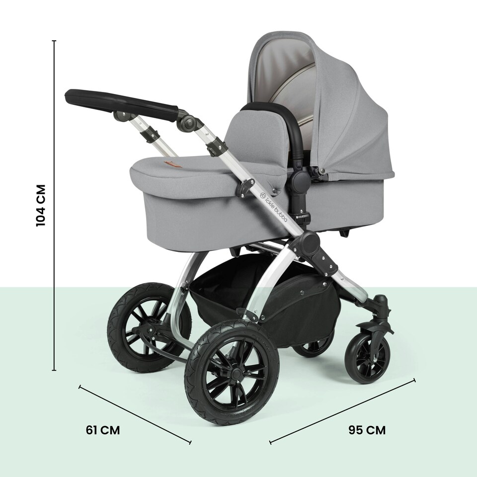 image 1 of Stomp Luxe 12pc Travel System with Stratus i-Size Car Seat & ISOFIX Base, Carrycot, Reversible Seat, Rain Cover & More (Black/Pearl Grey/Black)