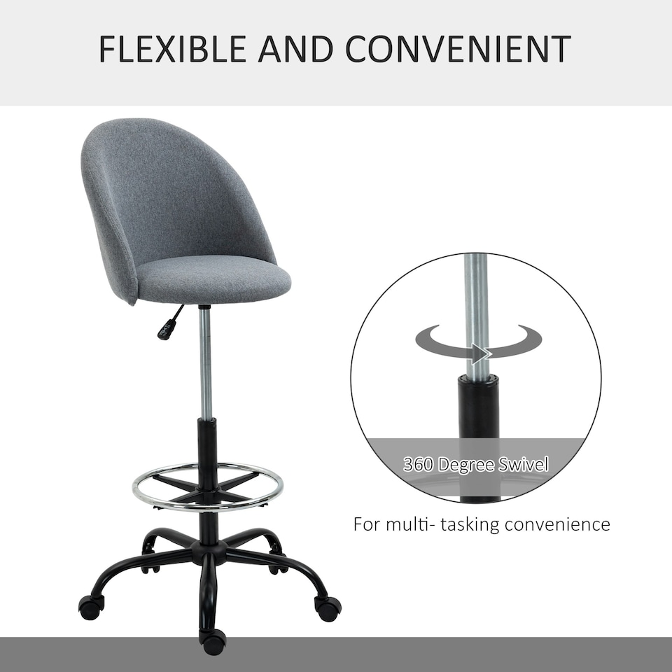 image 1 of Vinsetto Draughtsman Chair Home Office Ergonomic 5 Wheels Padded Seat Grey